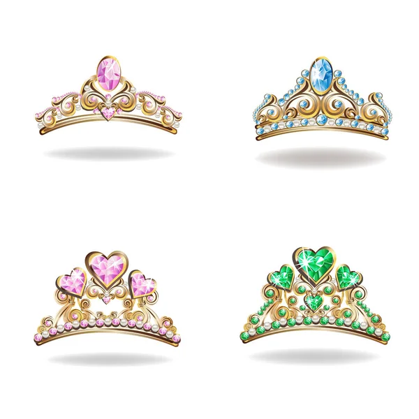 Beautiful Golden Princess Tiara Pearls Heart Shaped Jewels Collection Vector — Stockvektor
