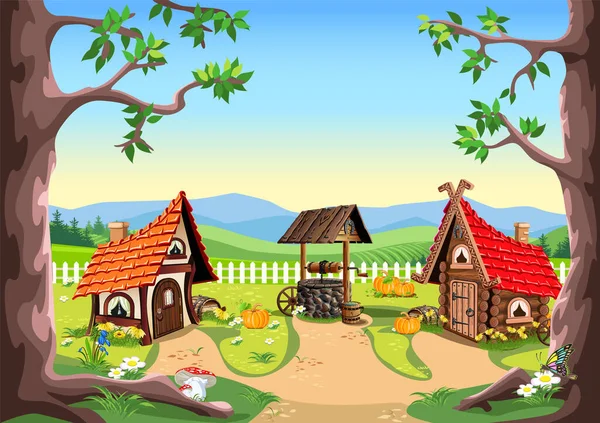 Fairytale Village Cartoon Houses Well Vector Illustration Fabulous Architecture Nature — ストックベクタ