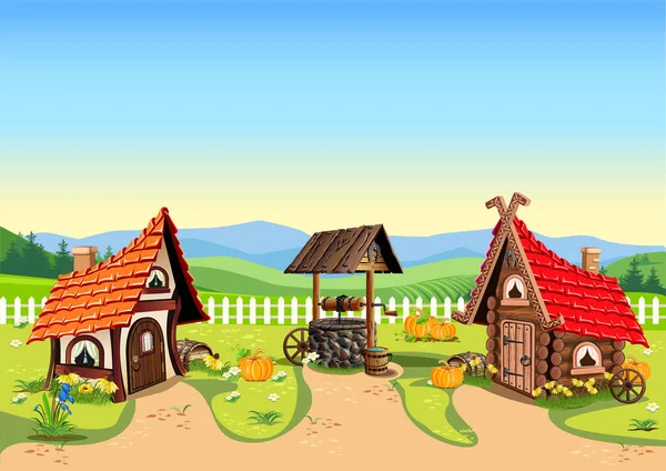 Fairytale Village Cartoon Houses Well Vector Illustration Fabulous Architecture Nature — Vector de stock