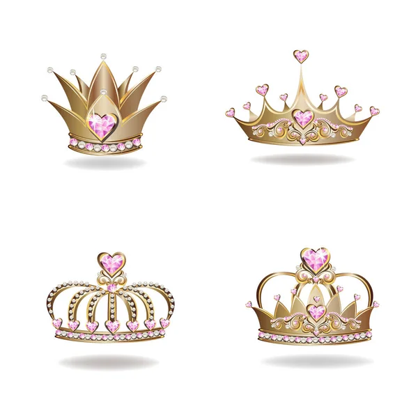 Beautiful Golden Princess Crown Pearls Pink Heart Shaped Jewels Collection — Διανυσματικό Αρχείο