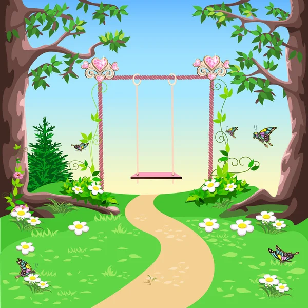 Swing Princess Decorated Hearts Lawn Twined Pink Flowers Fairy Tale — Archivo Imágenes Vectoriales