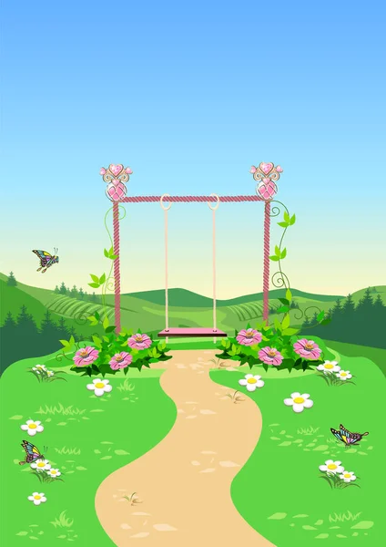 Swing Princess Decorated Hearts Lawn Twined Pink Flowers Fairy Tale — Stockvektor