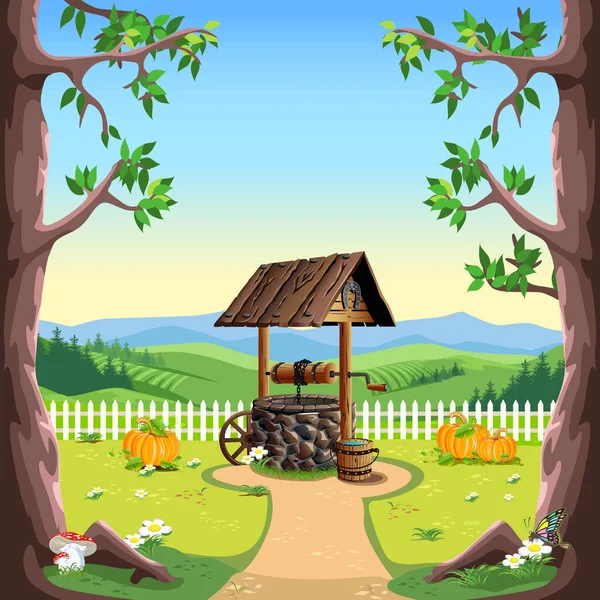 Old Water Well Made Stone Wood Rural Landscape Cartoon Style — Stock vektor