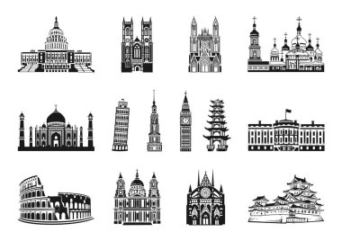 Vector set of world landmarks icons. Collection of architectural icons. Taj Mahal, Capitol, White House, Colosseum, Kiev Pechersk Lavra, Westminster Abbey, Leaning Tower of Pisa, White Egret Castle.