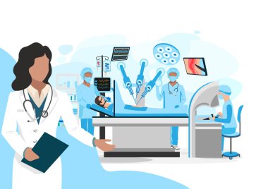 Doktor modern bir ameliyathane gösteriyor. Cerrahi operasyonlar için tıbbi ekipman. Teşekkürler doktorlar ve hemşireler. Vektör illüstrasyonu beyaz arkaplanda izole edildi.