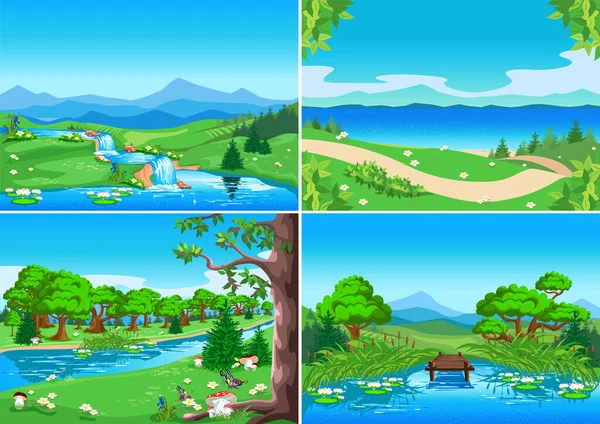 Set Vector Horizontal Illustrations Beautiful Nature Summer Landscapes Mountains River — Stock vektor