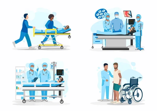 Set of vector illustrations doctor and patient. Paramedics carry a patient on a stretcher, surgery in the operating room, resuscitation, rehabilitation after right. Thank you doctors and nurses. Flat style.