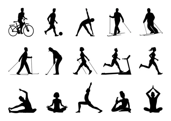 Big Vector Set Sport People Silhouettes Running Yoga Nordic Walking — стоковый вектор