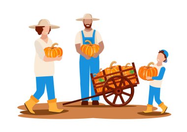 Happy family harvesting pumpkins in an old wooden wheelbarrow. Vector illustration in a flat style.
