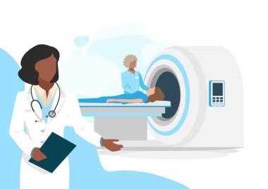 Vector illustration of a patient undergoing MRI diagnostics in a medical center. Magnetic resonance imaging. Modern medical technologies.