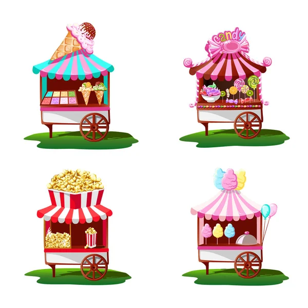 Set Vector Illustrations Open Street Stalls Fair Sweets Cartoon Style — стоковый вектор