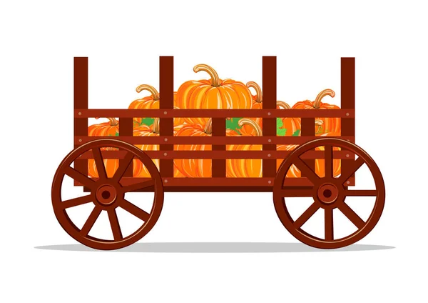 Happy Thanksgiving Pumpkin Harvest Old Wooden Cart Vector Illustration Isolated — Stockvector