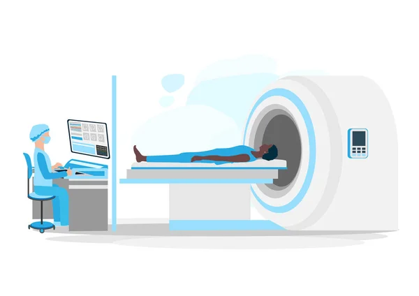 Vector illustration of a patient undergoing MRI diagnostics in a medical center. Magnetic resonance imaging. Modern medical technologies.