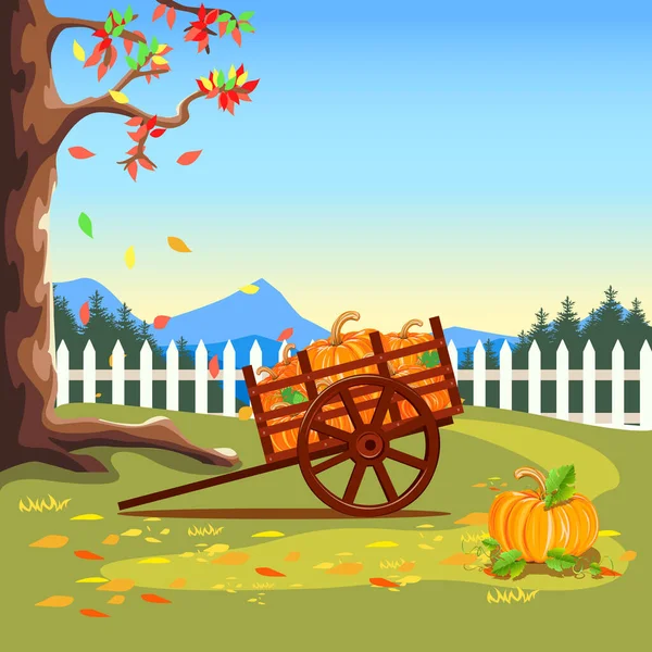 Happy Thanksgiving. Pumpkin harvest in an old wooden wheelbarrow stands in the autumn garden. Vector illustration for a poster or flyer.