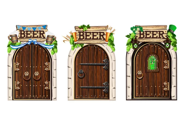 Vector Set Old Wooden Doors Beer Pub Beer Illustration Cartoon — Vector de stock