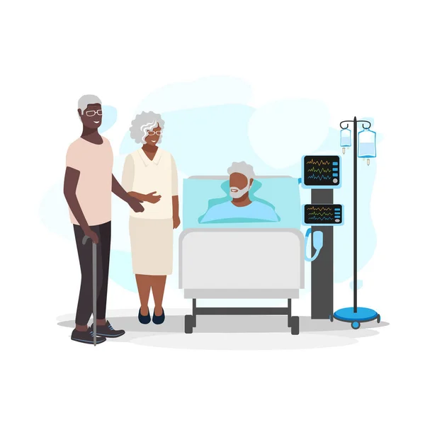 Elderly Couple Visits Elderly Friend Hospital Patient Visitors Joy Positive — Stock Vector