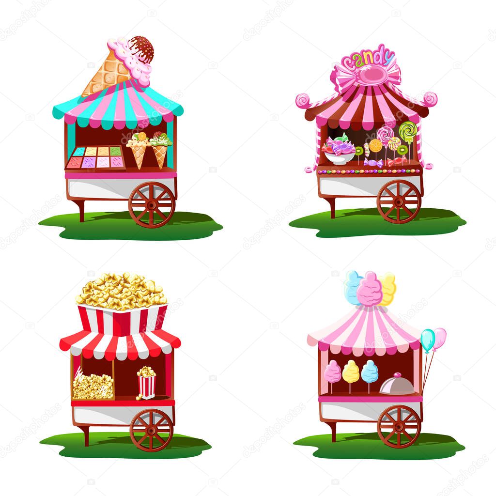 Set of vector illustrations of open street stalls with fair sweets in cartoon style. Ice cream stall, candy, cotton candy, popcorn.