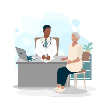 Elderly woman at the doctor's office. Doctor and patient. Thank you doctors and nurses. Vector illustration in a flat style.