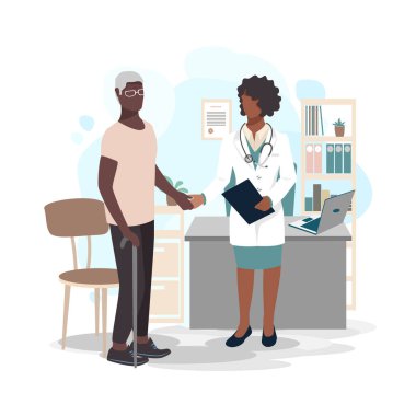 Elderly man at the doctor's office. Doctor and patient. Thank you doctors and nurses. Vector illustration in a flat style.