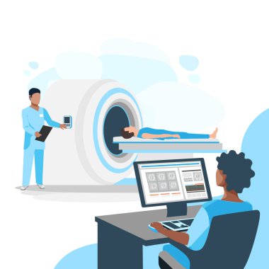 Vector illustration of a patient undergoing MRI diagnostics in a medical center. Magnetic resonance imaging. Modern medical technologies.