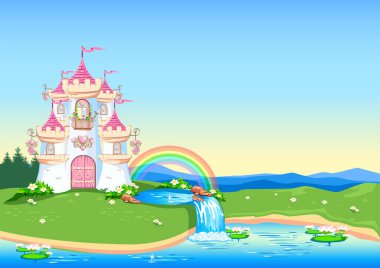 Fairytale background with princess castle near the waterfall in blooming valley. Castle with pink flags, jeweled hearts, rooftops, towers and gates in a beautiful landscape. Vector illustration for a fairy tale.