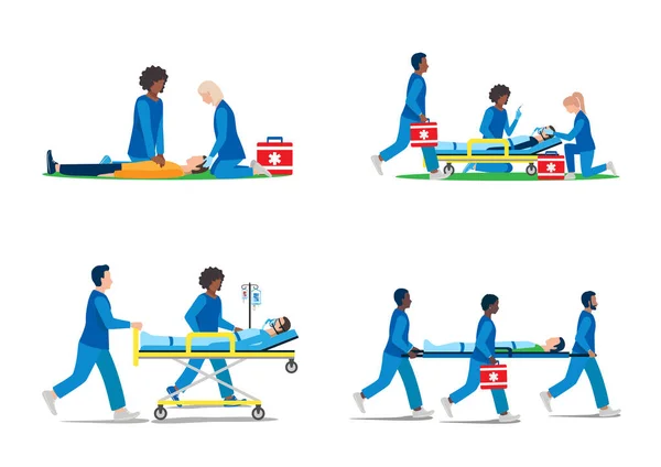 Vector Set Illustrations Medical Team Assisting Patient Ambulance Emergency Medical — Vector de stock