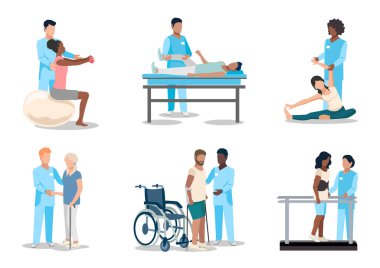 The patient undergoes orthopedic rehabilitation with a physiotherapist. Physiotherapy. Thank you doctors and nurses. Restoring health after illness and injury. Set of flat vector illustration.
