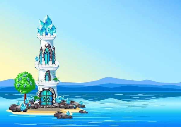 Fairytale Tower Blue Crystals Beautiful Princess Middle Sea Vector Illustration — Stok Vektör