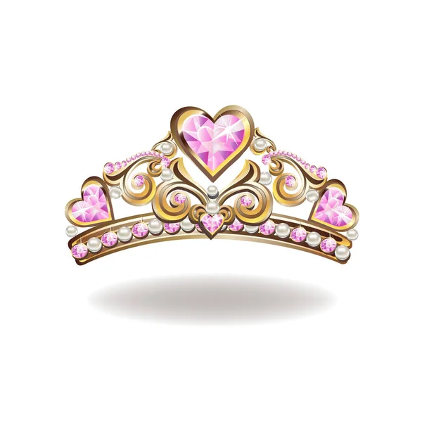 王妃王冠或头冠 有珍珠和粉色宝石 呈心形 呈心形 背景为白色 — 图库矢量图片