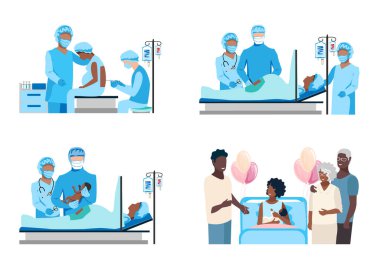 Doktor ve hemşireler epidural anestezi altında sezaryen yapıyorlar. Ameliyat mı? Kadın doğum ve jinekoloji. Doktorlar ve hemşireler sağ olsun. Bir çocuğun doğumu. Vektör çizimleri kümesi 