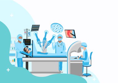 Modern ameliyathane. Robot Cerrahi. Cerrahi operasyonlar için tıbbi ekipman. Teşekkürler doktorlar ve hemşireler. Düz bir şekilde vektör illüstrasyonu.