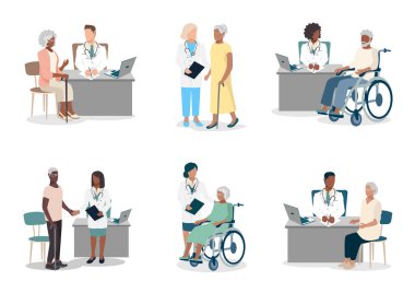 Yaşlı erkek ve kadınlar doktorun ofisindeki resepsiyonda. Doktor ve hasta. Teşekkürler doktorlar ve hemşireler. Düz biçimdeki resimlerin vektör kümesi.