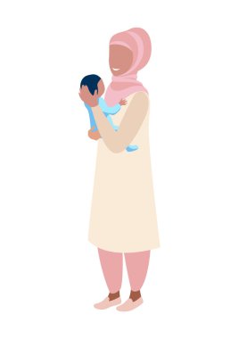 Doğumdan sonra kollarında bebek olan mutlu bir anne. Anneliğin keyfi. Çocukları sevmek ve onlarla ilgilenmek. Anneler Günü. İzole vektör illüstrasyonu.