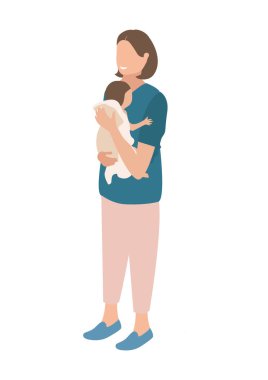 Doğumdan sonra kollarında bebek olan mutlu bir anne. Anneliğin keyfi. Çocukları sevmek ve onlarla ilgilenmek. Anneler Günü. İzole vektör illüstrasyonu.