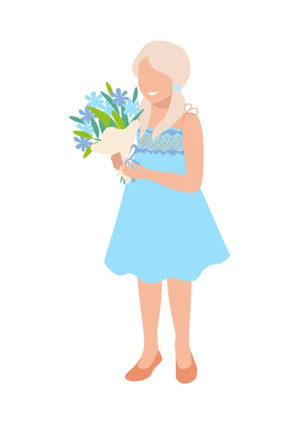 漂亮的小女孩穿着一件有一束花的轻飘飘的衣服 恭喜你放假了在白色背景上孤立的向量图 — 图库矢量图片