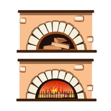 Beyaz arka planda izole edilmiş karikatür tarzında eski taş şömine. Mimarlık ve iç mimarlık öğesi. Vektör illüstrasyonu.