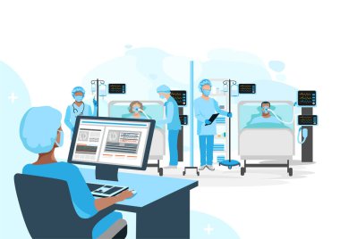 Hemşireler hastaların sağlık durumunu, hemşirelerin hastalara baktığı modern yoğun bakım ünitesindeki monitörden izler. Teşekkürler hemşireler ve doktorlar. Tıbbi teknoloji ve hayat kurtarma.
