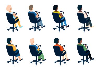 İnsanlar bir konferansta, antrenmanda ya da konferansta sırtlarını sandalyeye yaslayıp notlar alıyorlar. Arkadan bakıldığında, farklı milletlerden insanların işine benziyor. Vektör illüstrasyonunu ayarla.