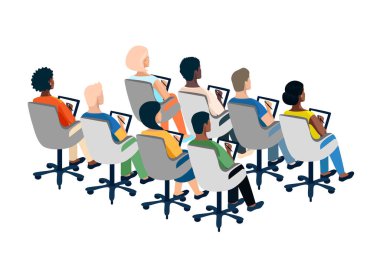 İnsanlar bir konferansta, antrenmanda ya da konferansta sırtlarını sandalyeye yaslayıp notlar alıyorlar. Arkadan bakıldığında, farklı milletlerden insanların işine benziyor. Vektör illüstrasyonu.