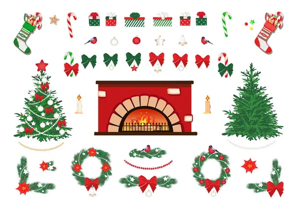 Duży Zestaw Dekoracji Świątecznych Kominkiem Choinką Kokardkami Prezentami Kulkami Dzwonkami — Wektor stockowy