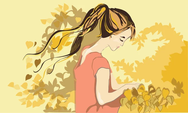 Chica y árbol amarillo — Vector de stock