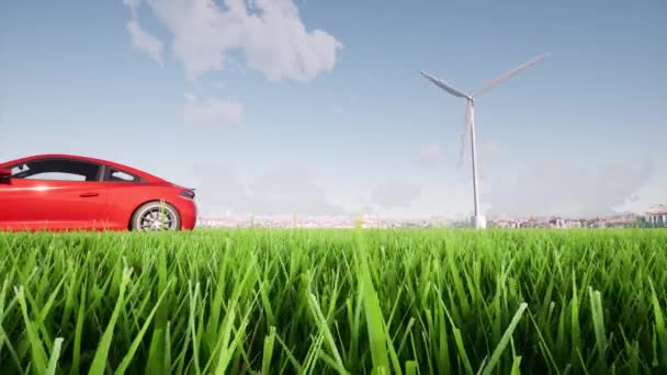 Red Car stand on the background of a windmills Elektromos töltés szélturbinákon Megújuló energiát használó járművek — Stock videók