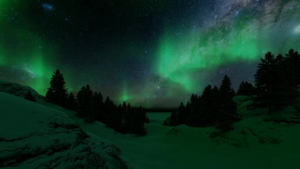 Grüne Nordlichter Polarlicht Schnee in Fantasie 3D-Stil Universum Raum Hintergrund Blauer Sternenhimmel — Stockvideo