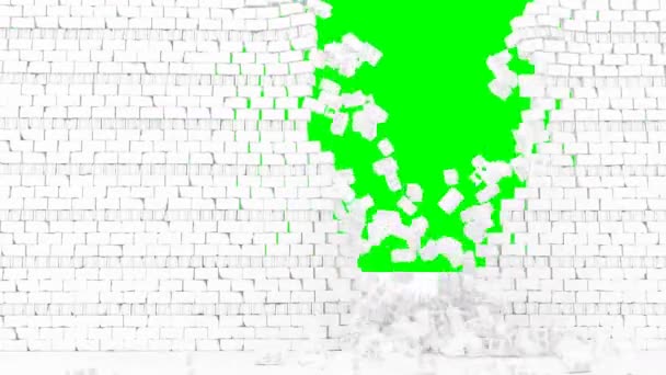 White wall destroyed on green screen crack crash brick — Stock Video