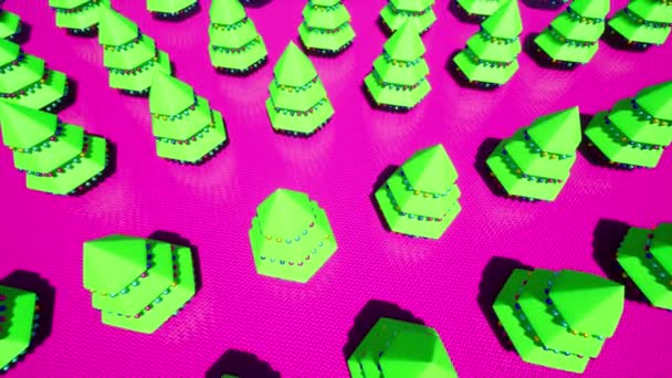 Plastikowe choinki uroczystości urządzone projekt xmas intro na różowej powierzchni — Wideo stockowe