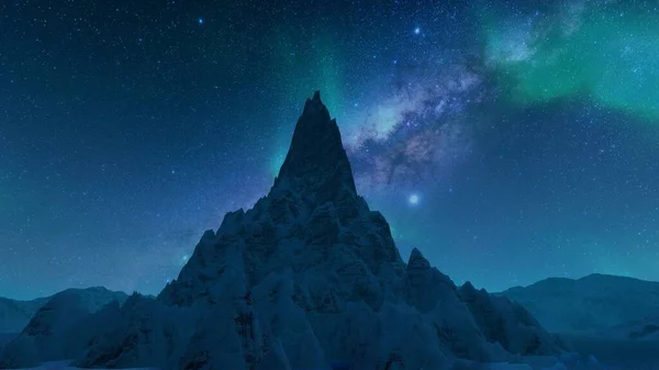 Aura montaña mar noche universo espacio fondo lago océano belleza natural 3d render —  Fotos de Stock