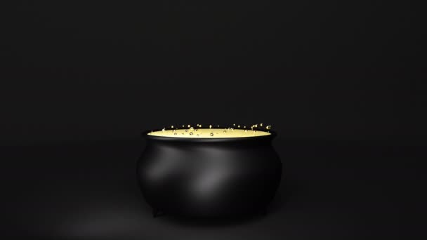 Caldero de hierro negro burbujeante oro Feliz Halloween en la espalda oscura — Vídeo de stock