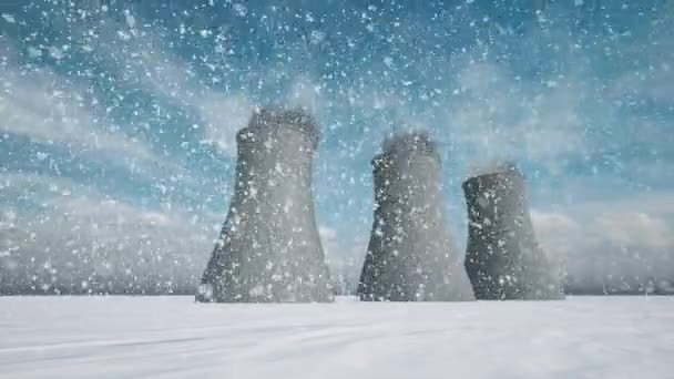 원자력 발전소 겨울 눈내리는 날 원자력 에너지 화창 한 날 — 비디오