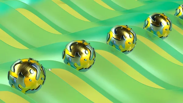 Minimale beweging grafische dekking ontwerp op groene metalen bollen 3d renderen — Stockfoto