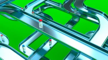 3d closeup of conveyor with vaccine ampoules Pharmaceutical manufacturing line infection protection Pharmaceutical factory able to loop seamless